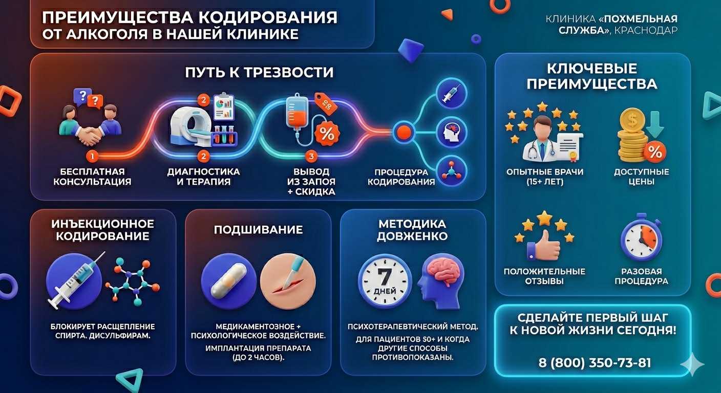 Инфографика о методах кодирования от алкоголя в Туапсе: инъекции, подшивание, метод Довженко. Преимущества клиники и этапы лечения.