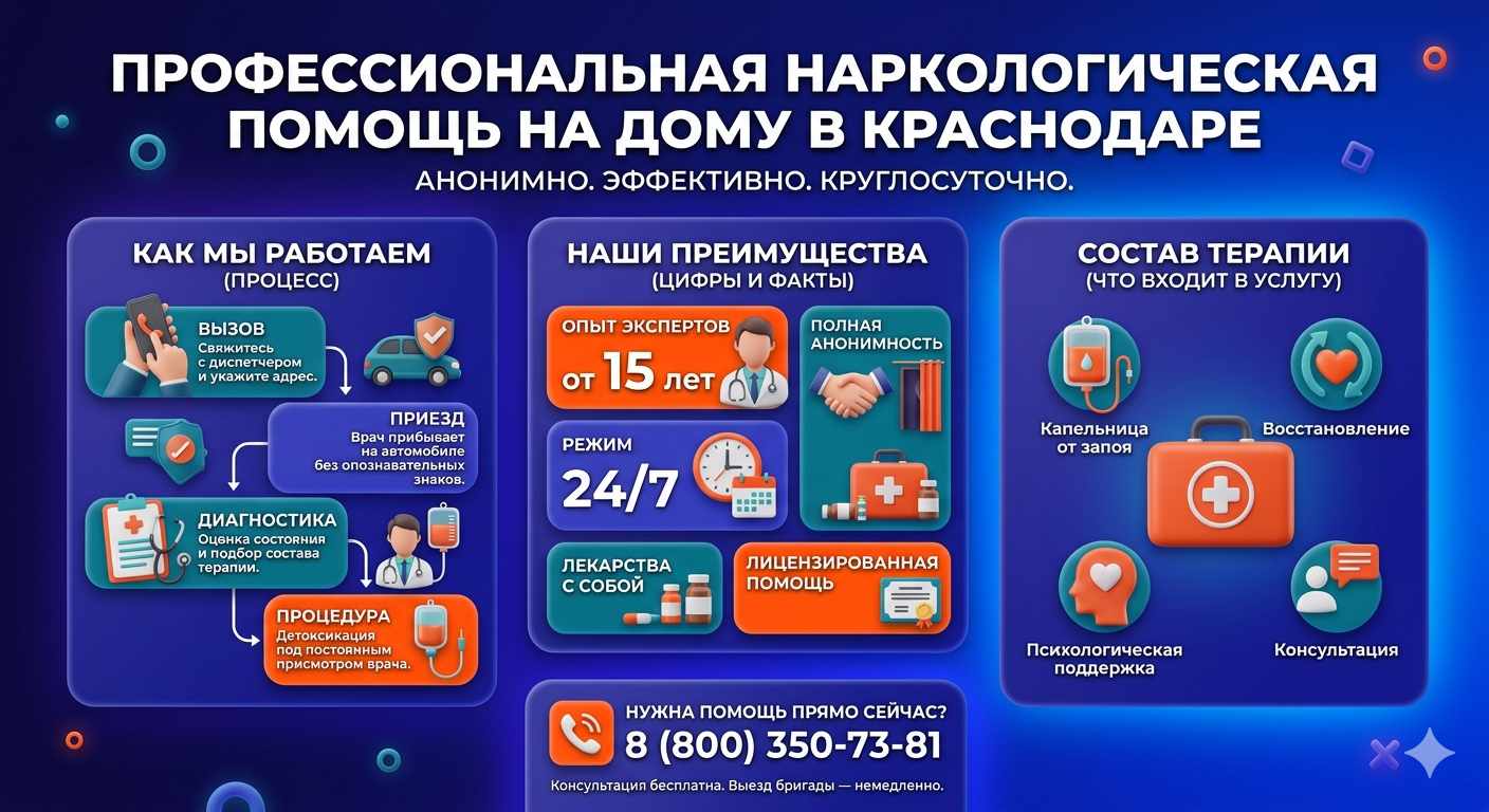 Инфографика о принципах лечения алкоголизма на дому в Туапсе: этапы вызова нарколога, преимущества анонимной детоксикации и состав медицинской помощи.